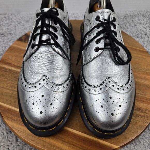 Dr. Martens Womens 8 3989 Metallic Silver Leather Brogue Long Wingtip Oxford - Picture 6 of 15